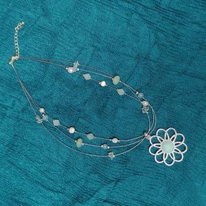 17 inch Silver beaded necklace with 2-inch green flower pendant same day shippin